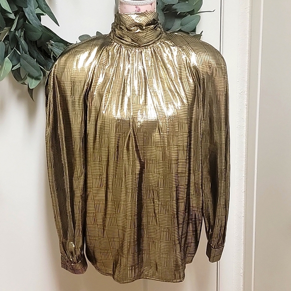 Vintage | Regina Porter | Metallic Gold Lame High Neck Blouse - Picture 2 of 12